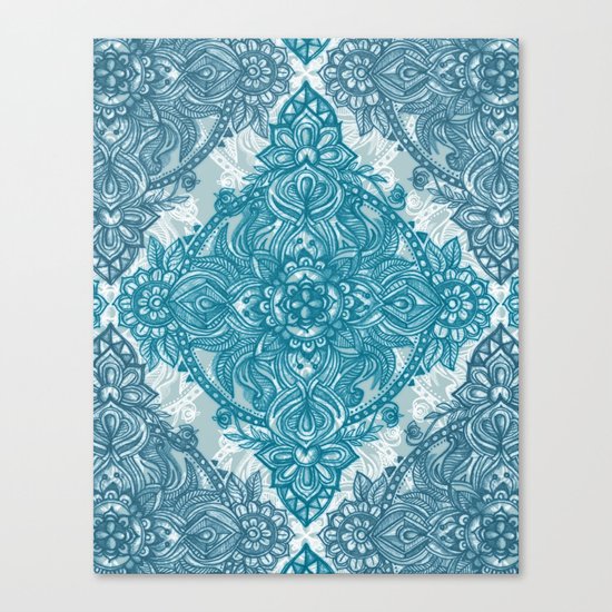 Teal & White Lace Pencil Doodle Canvas Print