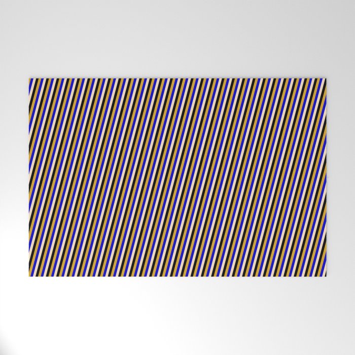 Bisque, Black, Goldenrod, and Blue Colored Pattern of Stripes Welcome Mat