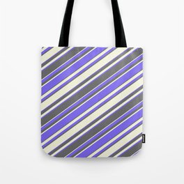 [ Thumbnail: Medium Slate Blue, Dim Gray, and Beige Colored Stripes Pattern Tote Bag ]