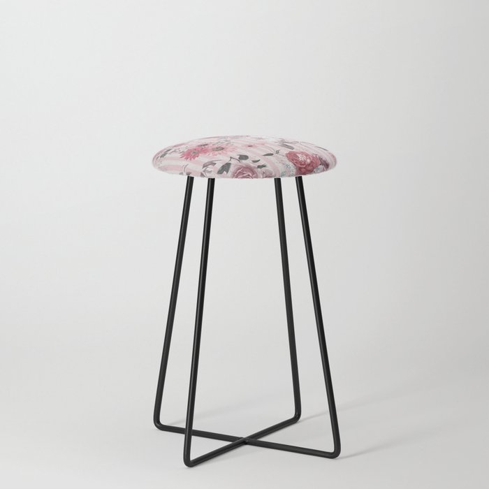 Vintage Pink Striped Floral Pattern Counter Stool