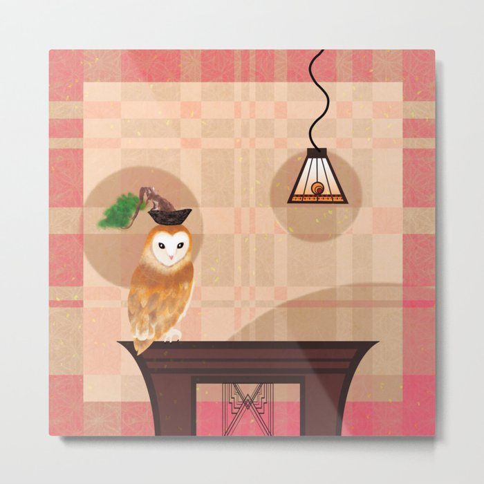 BONSAI Owl and Art Deco style table and lamp  Metal Print