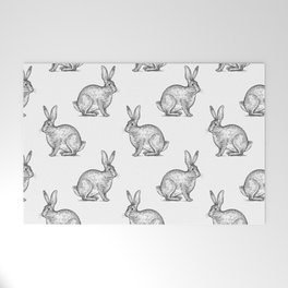 Hare or rabbit. Seamless pattern with forest animals. Hand drawing of wildlife. Vintage illustration art. Black and white. Old engraving. Vintage.  Welcome Mat