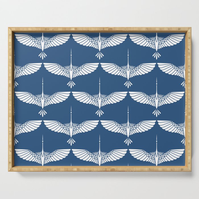 Japanese Crane Ornate Art Deco Blue & White Pattern Serving Tray