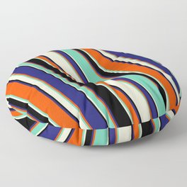 [ Thumbnail: Red, Aquamarine, Light Yellow, Black & Midnight Blue Colored Lines/Stripes Pattern Floor Pillow ]