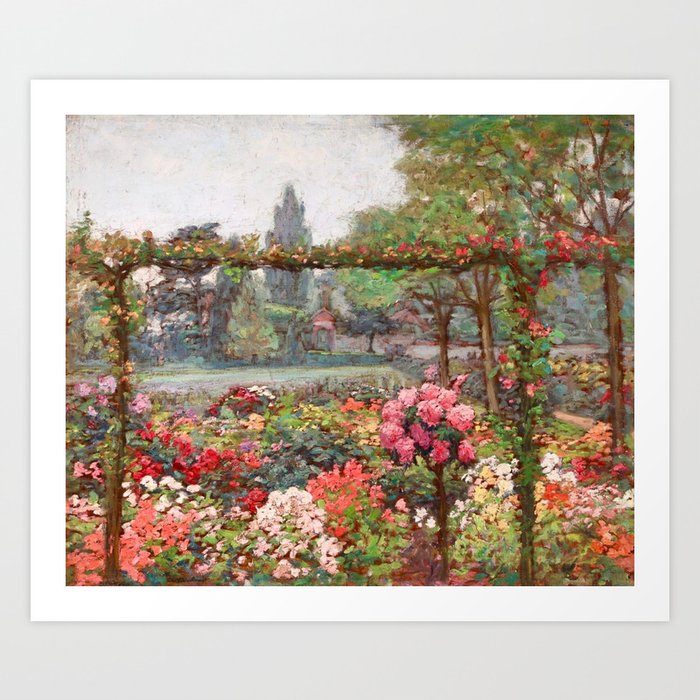Un jardin d'ete flower garden with Cathedral - post impressionist flowers landscape oil by Octave Guillonnet Art Print