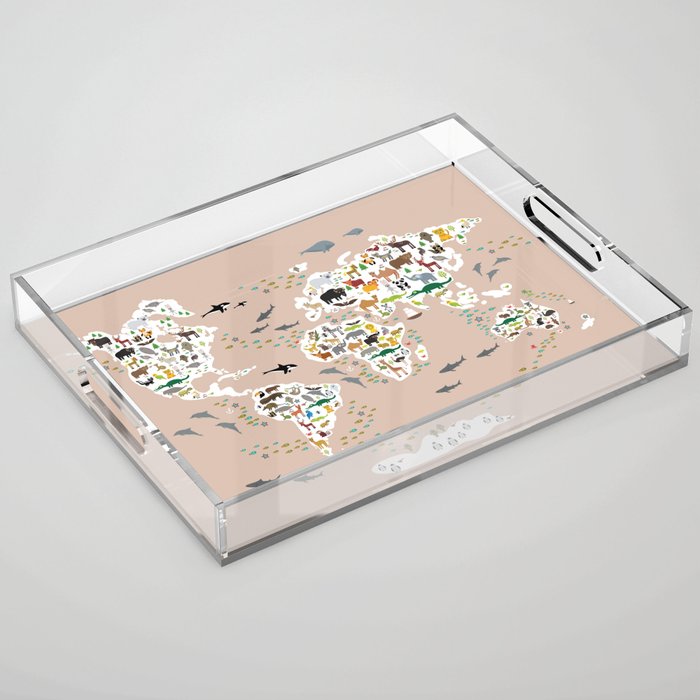 Cartoon world map for children, kids, Animals from all over the world, back to school, rosybrown Acrylic Tray