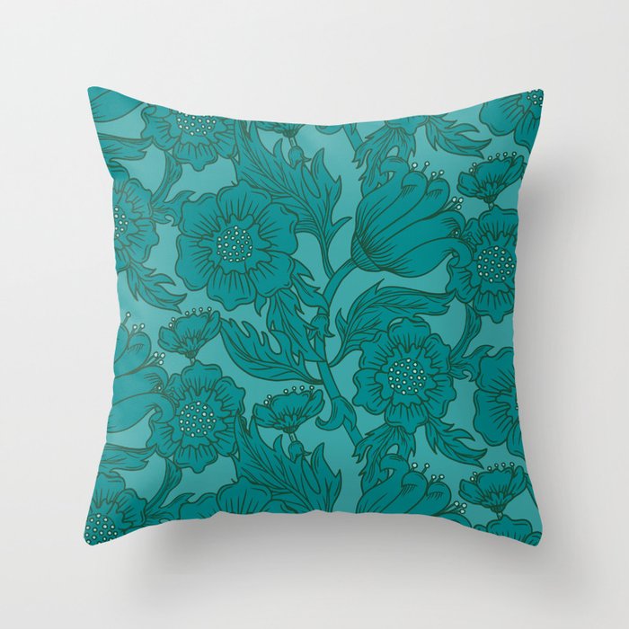 Teal Floral Flourish - Large Throw Pillow