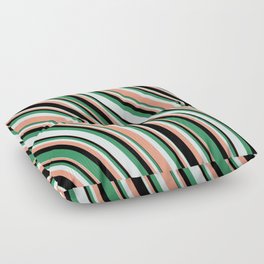 [ Thumbnail: Sea Green, Light Cyan, Dark Salmon, and Black Colored Striped/Lined Pattern Floor Pillow ]