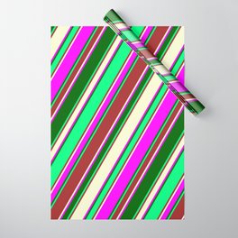 [ Thumbnail: Eyecatching Green, Brown, Light Yellow, Fuchsia, and Dark Green Colored Stripes Pattern Wrapping Paper ]
