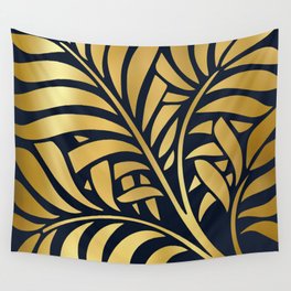 Art Deco Tropical Gold Leaves on Navy Blue Wall Tapestry