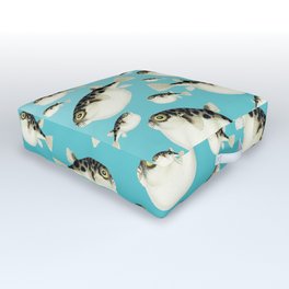 Puffer Fish watercolor Pattern Teal Outdoor Floor Cushion