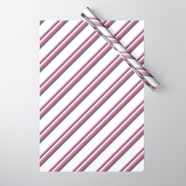 [ Thumbnail: Hot Pink, Dim Grey & White Colored Pattern of Stripes Wrapping Paper ]
