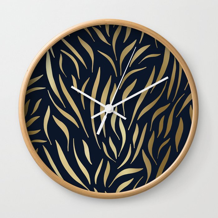 Navy and Gold Abstract Leaves Wall Clock