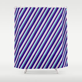 [ Thumbnail: Turquoise, Purple, Blue, and Light Grey Colored Striped/Lined Pattern Shower Curtain ]