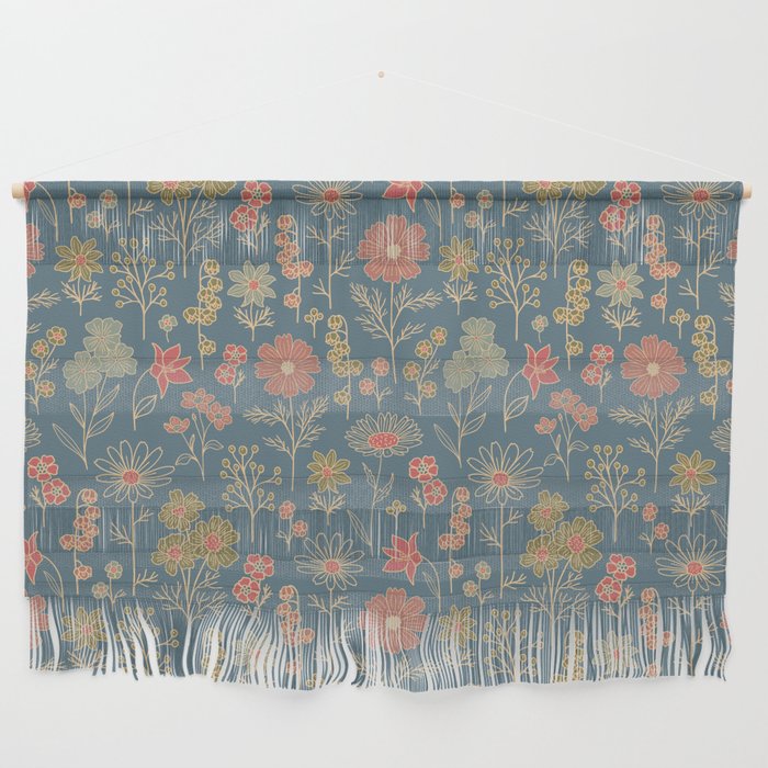 Denim Blue & Coral Floral Wall Hanging