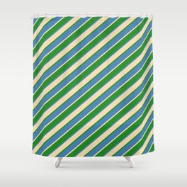 [ Thumbnail: Blue, Tan, and Forest Green Colored Stripes/Lines Pattern Shower Curtain ]