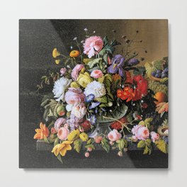 Vintage Varnish- Flowers&Fruit Metal Print | Nature, Varnish, Old, Bouquet, Severinrousen, Black, Vanitas, Food, Painting, Flowers 