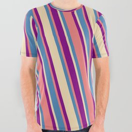 [ Thumbnail: Blue, Tan, Purple & Light Coral Colored Pattern of Stripes All Over Graphic Tee ]