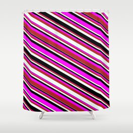 [ Thumbnail: Fuchsia, Red, Mint Cream, and Black Colored Pattern of Stripes Shower Curtain ]