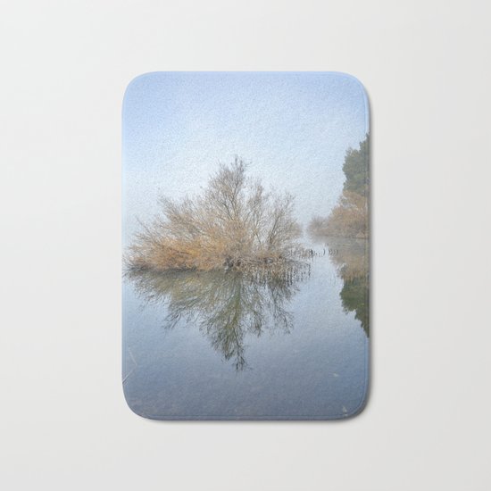 "Foggy Morning At The Lake". Magic sunrise Bath Mat