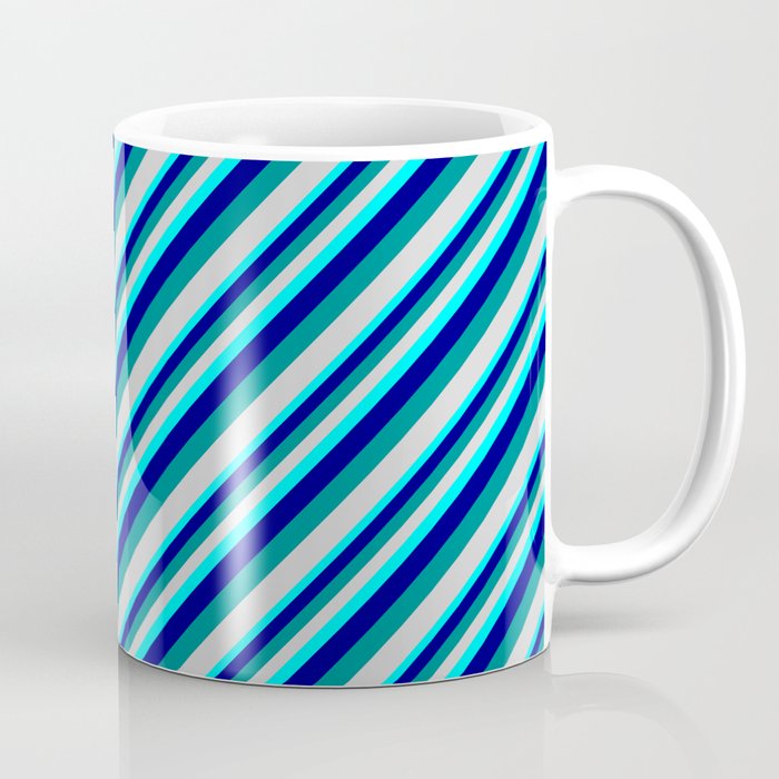 Aqua, Blue, Dark Cyan, and Light Gray Colored Lined/Striped Pattern Coffee Mug