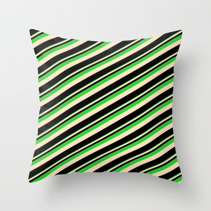 Lime Green, Bisque & Black Colored Lines Pattern Throw Pillow