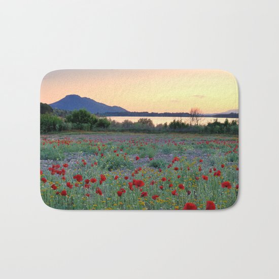 Red Poppies. Sunset at the lake Bath Mat