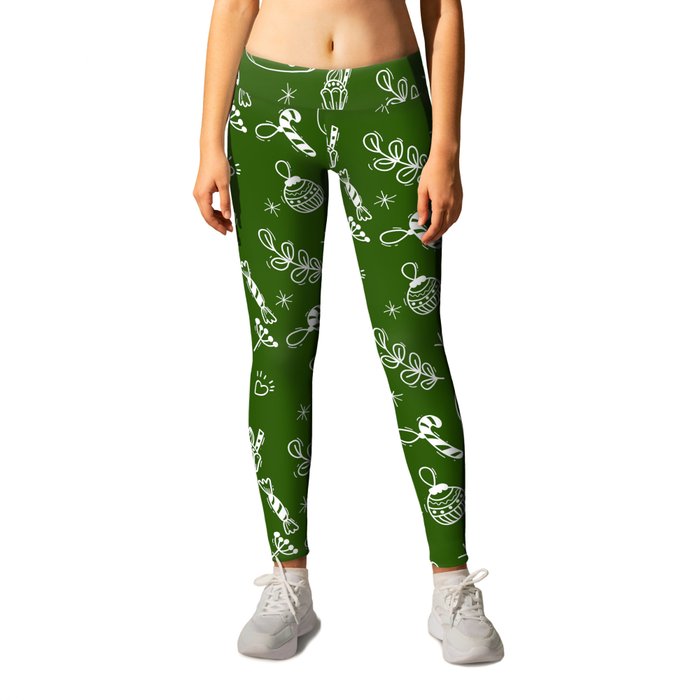 Green and White Christmas Snowman Doodle Pattern Leggings