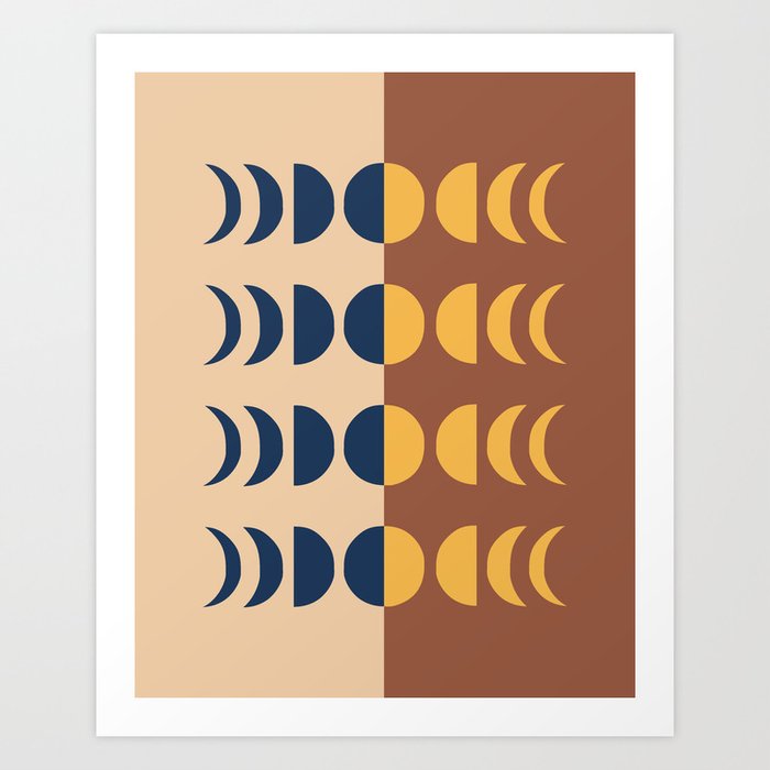 Moon Phases 7 in Shades of Terracotta Beige Gold Navy Blue Art Print