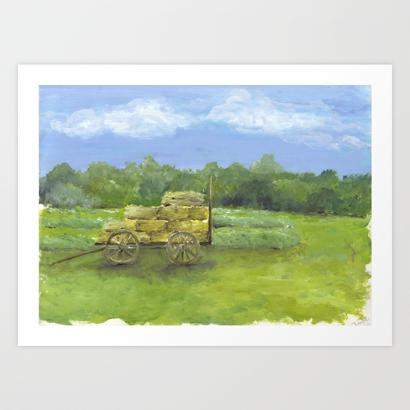 Hay Wagon In A Farm Field Country Landscape Art Art Print By