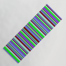 [ Thumbnail: Vibrant Maroon, Powder Blue, Lime, Purple & Cornflower Blue Colored Striped Pattern Yoga Mat ]