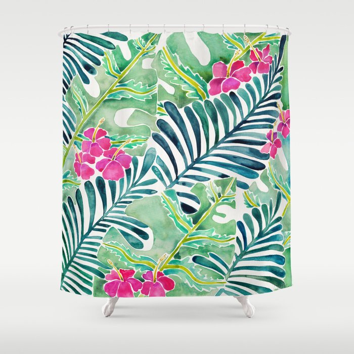 Lush Tropical Fronds & Hibiscus Shower Curtain