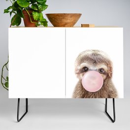 Baby Sloth Blowing Bubble Gum, Pink Nursery, Baby Animals Art Print by Synplus Credenza
