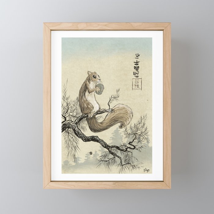 Woodblock Squirrel Framed Mini Art Print