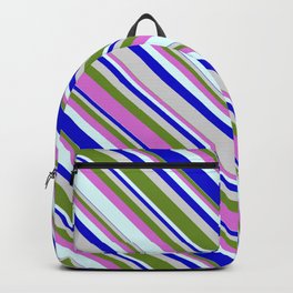 [ Thumbnail: Colorful Light Grey, Green, Orchid, Light Cyan, and Blue Colored Lined/Striped Pattern Backpack ]