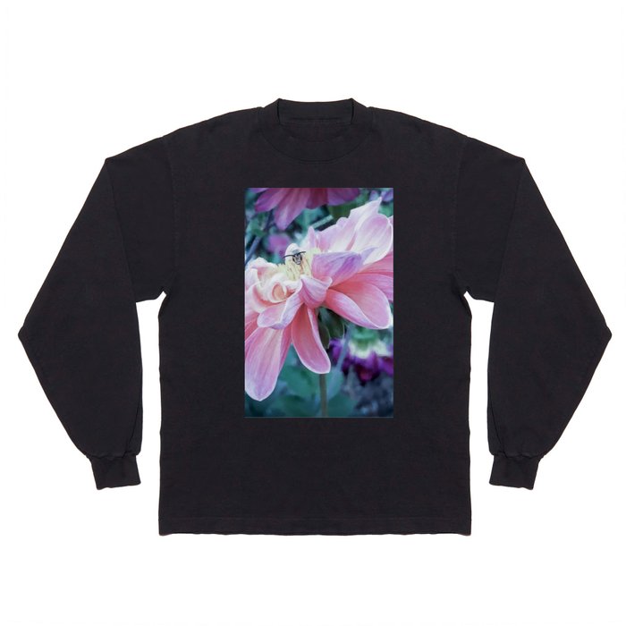 Pastel pink dhalia with bee vintage flower photography  Long Sleeve T Shirt