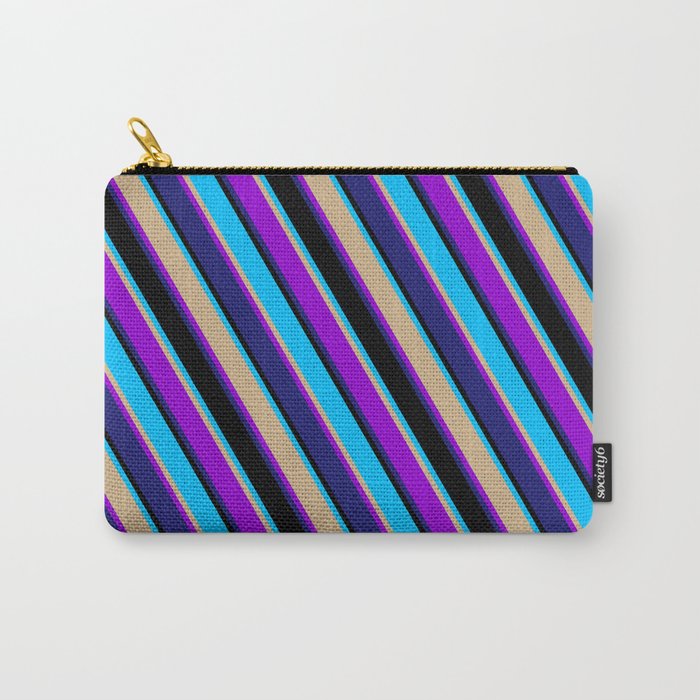 Eyecatching Deep Sky Blue, Tan, Dark Violet, Midnight Blue, and Black Colored Lines Pattern Carry-All Pouch