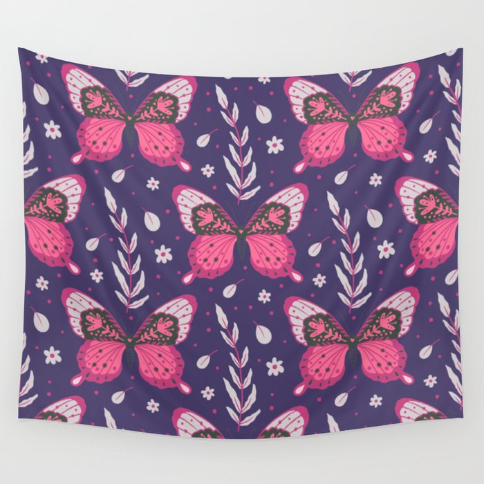 Wine Colored Butterflies on Blue Wall Tapestry