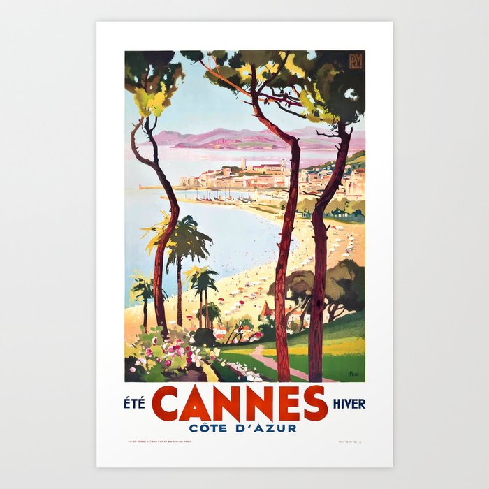 1938 France Cannes Cote D'Azur Travel Poster Art Print