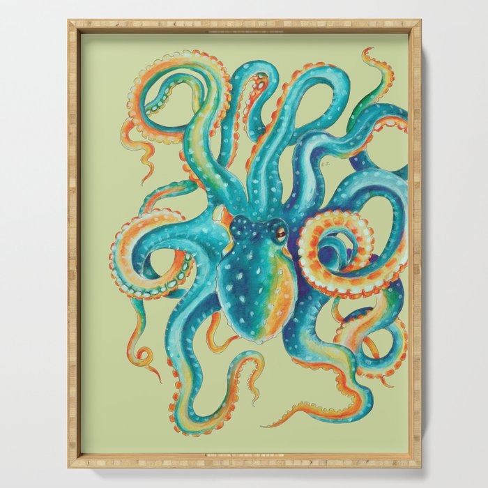 Octopus Teal Tentacles On Yellow Green Serving Tray