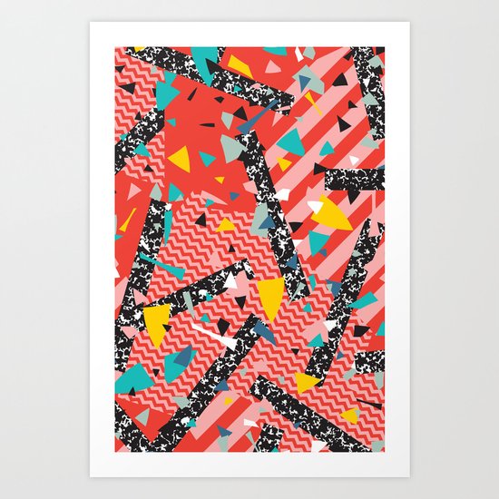 Modern Memphis Milan Inspired Primary Color Geometric Stripe Design Red Confetti 80s Party Art Print