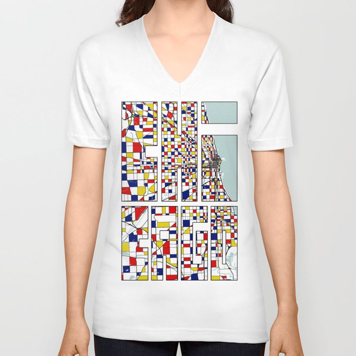 Chicago City Map of Illinois, USA - Mondrian V Neck T Shirt