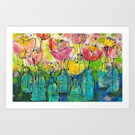 Abstract Peony Flowers in Bottles Art Print