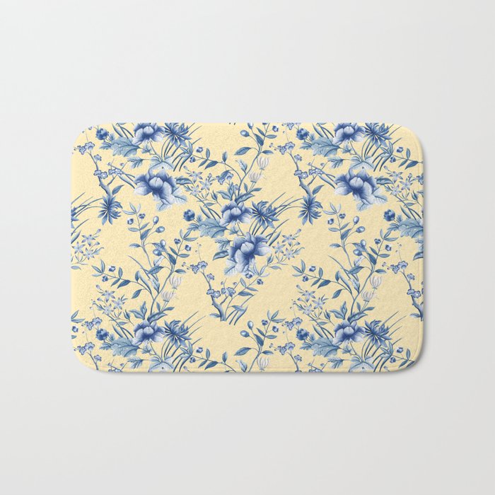 Chinoiserie Flowers Blue on Lemon Honey Creme Bath Mat