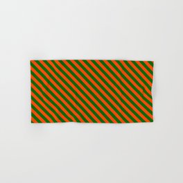 [ Thumbnail: Dark Green & Red Colored Lines/Stripes Pattern Hand & Bath Towel ]