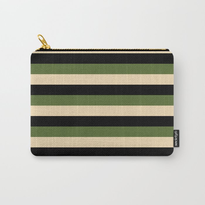 Dark Olive Green, Tan & Black Colored Striped/Lined Pattern Carry-All Pouch