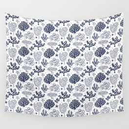 Navy Blue Coral Silhouette Pattern Wall Tapestry