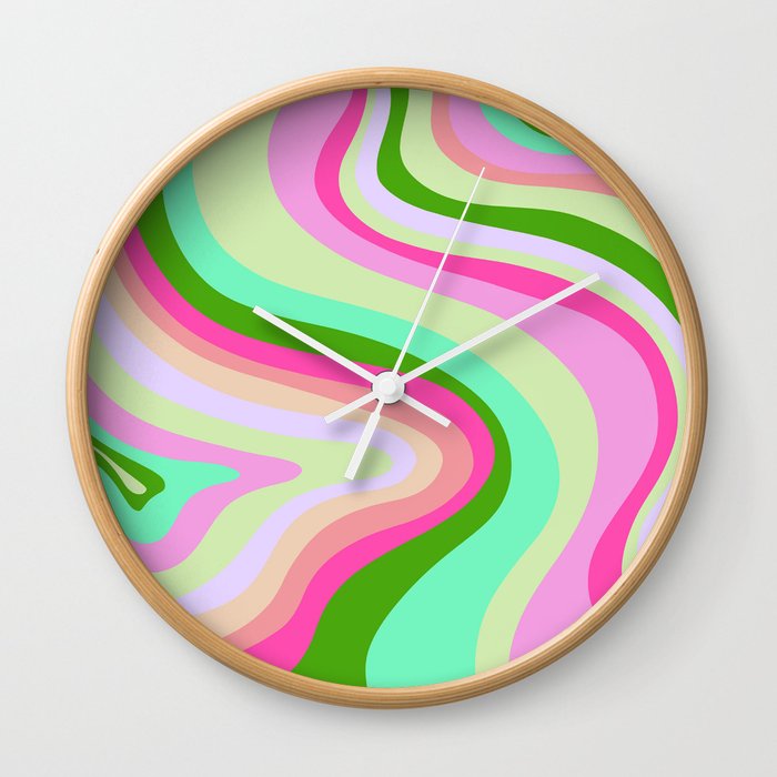Retro Rainbow Tree Rings - green pink Wall Clock