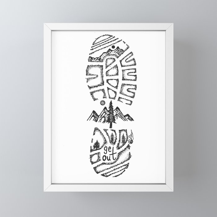 TREAD LIGHTLY - Mountain Hiking Boots - Pen &Ink Drawing by Bryn Reynolds  Framed Mini Art Print by darkmountainarts