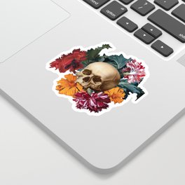 Skull with flowers. Antique colorful Oil Painting. Collage Surreal Art. Sticker